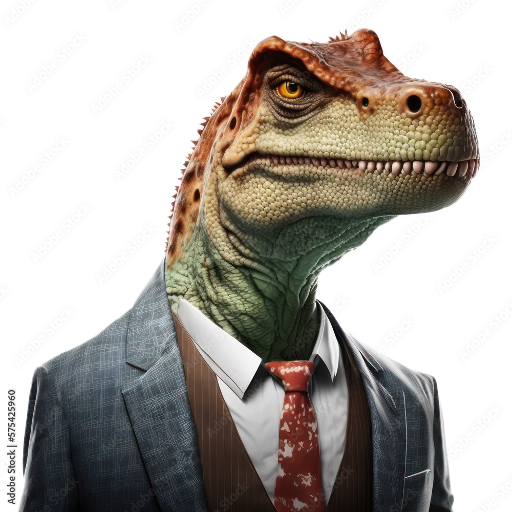 Portrait of a Dinosaur dressed in a formal business suit on white background, transparent png, generative ai Portrait of a Dinosaur dressed in a formal business suit on white background, transparent png, generative ai
