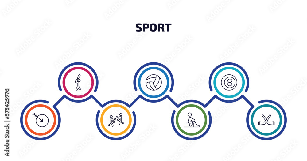 sport infographic element with outline icons and 7 step or option. sport icons such as bats man, volleyball, ball pool, ball arrow, boxing, person riding on sleigh, hockey vector.