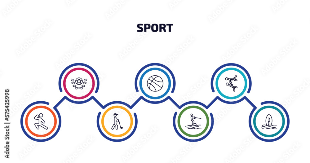 sport infographic element with outline icons and 7 step or option. sport icons such as award, basketball, two judo fighters, karate, golf player hitting, wakeboarding, surf vector.