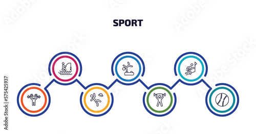 sport infographic element with outline icons and 7 step or option. sport icons such as fishing man, gymnastics, winning the race, man lifting weight, man losing hat, exercise gym, baseball vector.