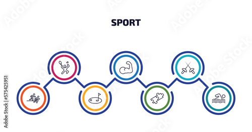 sport infographic element with outline icons and 7 step or option. sport icons such as man playing badminton, muscle, fencing, running a race, golf, match, swimming vector.