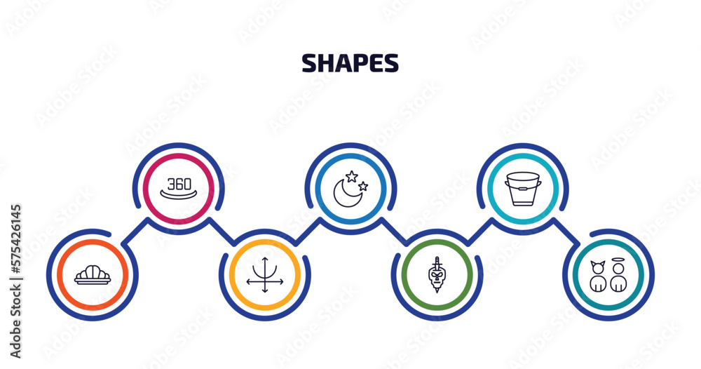 shapes infographic element with outline icons and 7 step or option. shapes icons such as 360, moon and stars, empty bucket, reign, parabola, skull and dagger, characters vector.