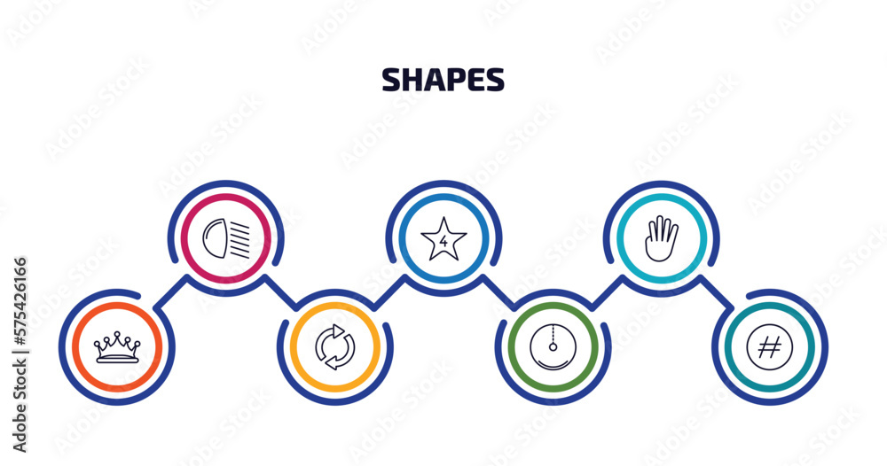 shapes infographic element with outline icons and 7 step or option. shapes icons such as low beam, star with number four, four finger in hand, prince crown, rotate circle, radius of circle, hash key