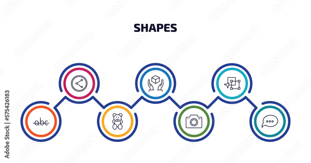 shapes infographic element with outline icons and 7 step or option. shapes icons such as net contents, handle with care, paint selection, strike through, toys, foto, speech bubble black vector.