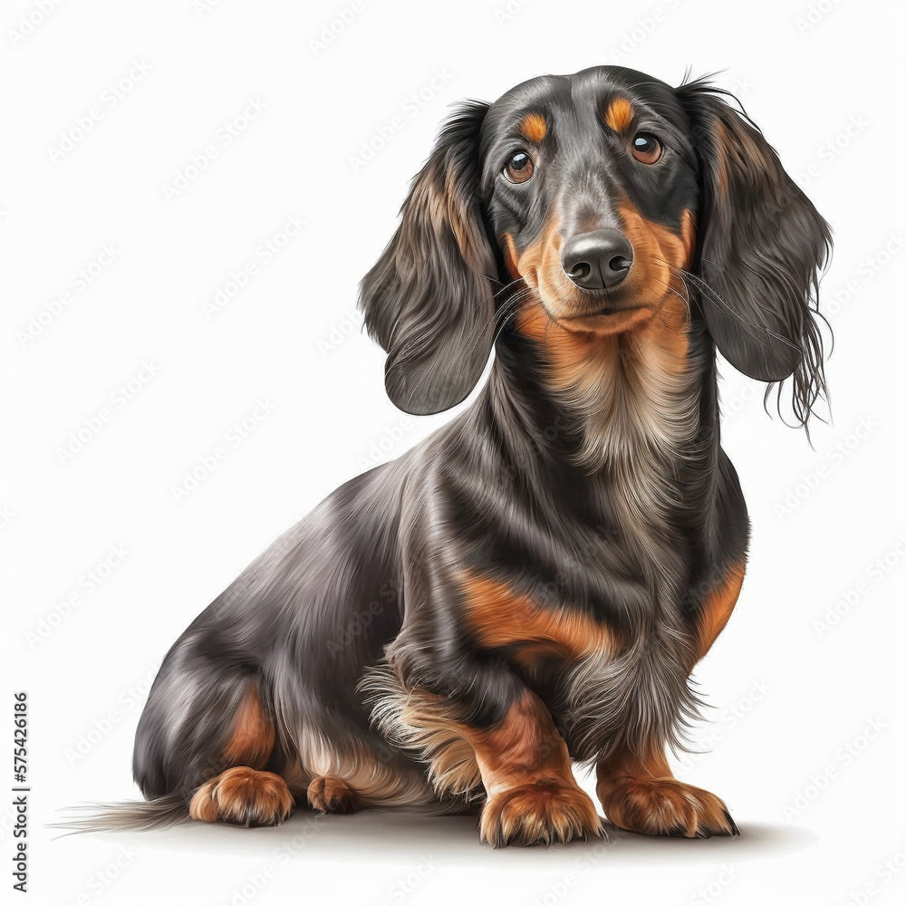 Realistic dachshund on a white background,  generative AI