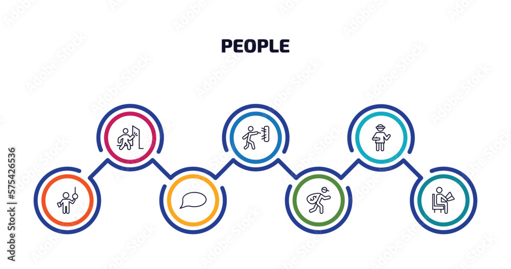 people infographic element with outline icons and 7 step or option. people icons such as man knocking a door, man throwing a dart, napoleon figure, ticket collector, chat balloon, steal, sitting man