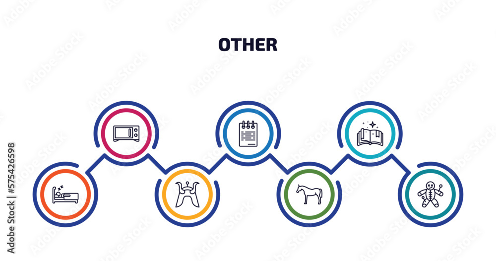 other infographic element with outline icons and 7 step or option. other icons such as microvawe, notepad sheet, speell book, sleepy, samurai head of japan, arab horse, voodoo puppet vector.