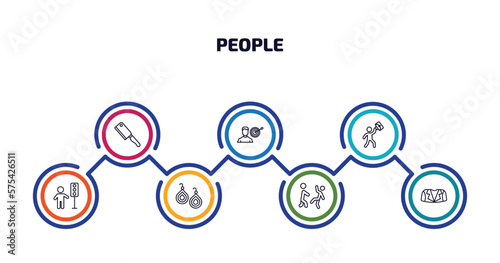 people infographic element with outline icons and 7 step or option. people icons such as butcher with knife  man with target  success man happy  traffic hand    helping other to jump  women suit
