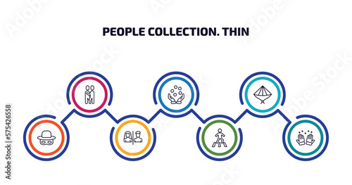 people collection. thin infographic element with outline icons and 7 step or option. people collection. thin icons such as snuggle, juggling ball, vietnamese, zorro, restroom, road crossing, salat