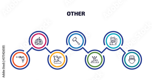 other infographic element with outline icons and 7 step or option. other icons such as pirate pumpkin, mallet, japanese cat, tattoo hine, garden work, king of the hill, self learning vector.