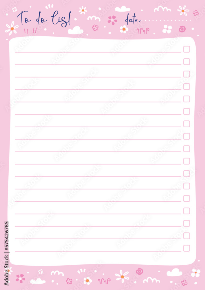 Vector illustration of note pad page with lines and flowers on pink background. Cute spring every day to do list for women or girls Vector illustration of note pad page with lines and flowers on pink background. Cute spring every day to do list for women or girls