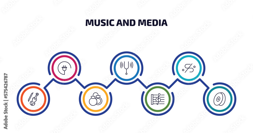 music and media infographic element with outline icons and 7 step or option. music and media icons such as charging plug, tuning fork, segno, cello, castanets, stave, cymbal vector.