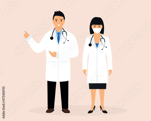 Portrait of a woman and a man doctor. A group of doctors. Woman doctor with a stethoscope. General practitioner in medical uniform, coat. Smiling therapist, general practitioner. Flat vector