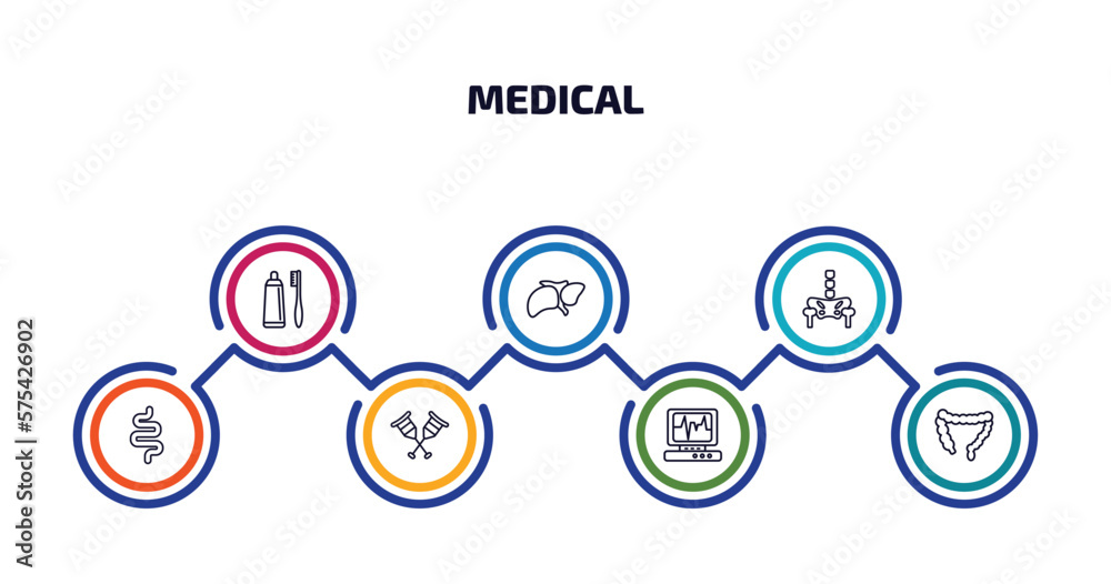 medical infographic element with outline icons and 7 step or option. medical icons such as brush with tooth paste, liver, p, intestines, crutches couple, heart rate monitor, colon vector. medical infographic element with outline icons and 7 step or option. medical icons such as brush with tooth paste, liver, p, intestines, crutches couple, heart rate monitor, colon vector.