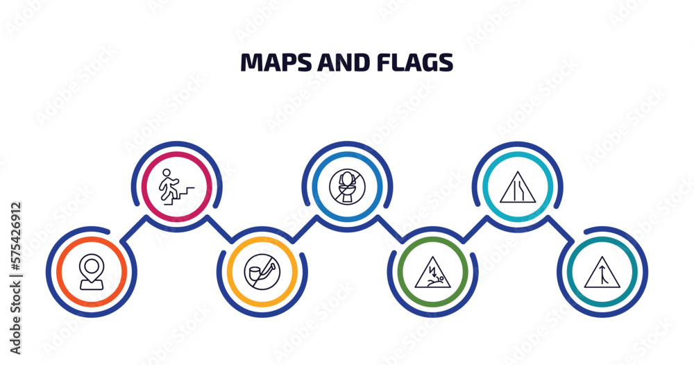 maps and flags infographic element with outline icons and 7 step or option. maps and flags icons such as walking up stair, no toileting, narrow right lane, locator, no smoking pipe, electrocution