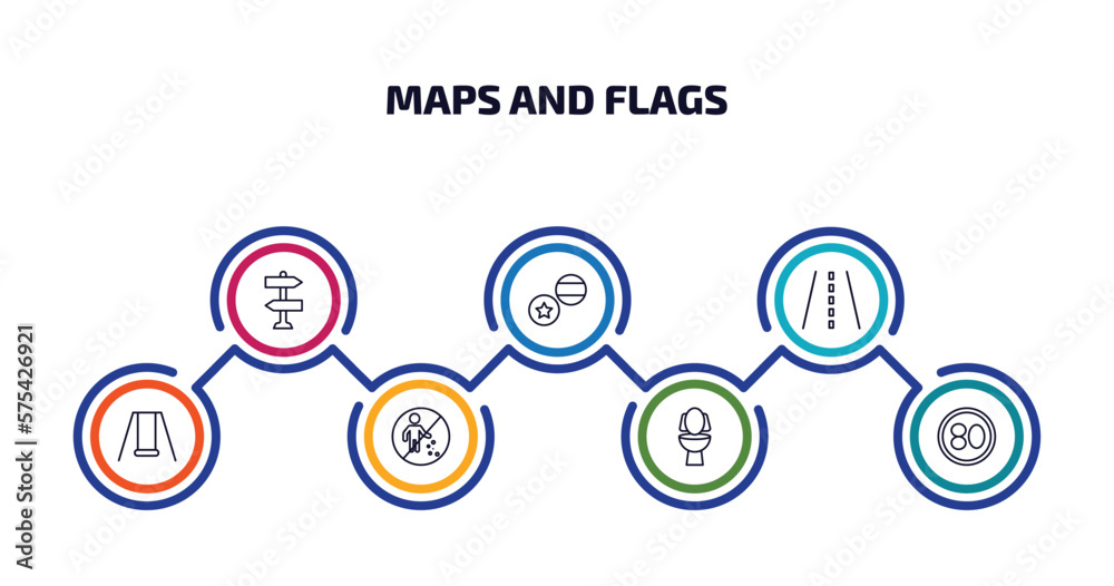 maps and flags infographic element with outline icons and 7 step or option. maps and flags icons such as vintage, flags, street, swings, no littering, toilets, 80 speed limit vector. maps and flags infographic element with outline icons and 7 step or option. maps and flags icons such as vintage, flags, street, swings, no littering, toilets, 80 speed limit vector.