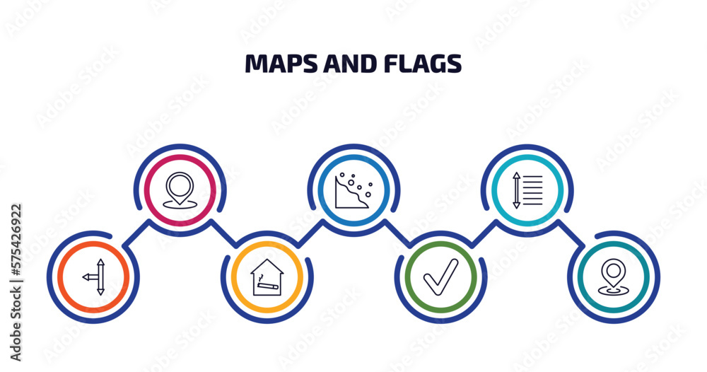 maps and flags infographic element with outline icons and 7 step or option. maps and flags icons such as location mark, rock landslide safety, spacing, left intersection, smoking place, mark, maps maps and flags infographic element with outline icons and 7 step or option. maps and flags icons such as location mark, rock landslide safety, spacing, left intersection, smoking place, mark, maps