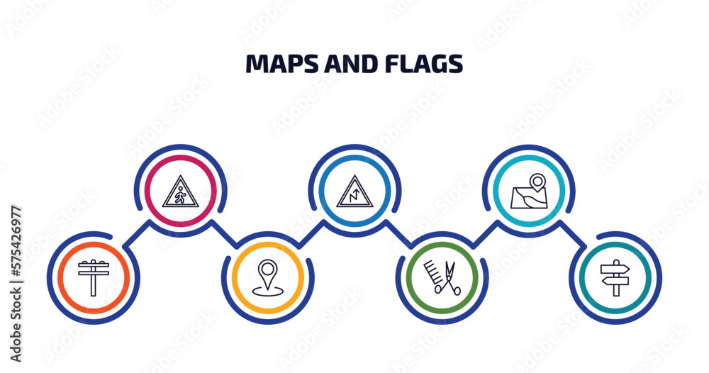 maps and flags infographic element with outline icons and 7 step or option. maps and flags icons such as crossing zone, right reverse curve, map localization, pole, locations, women hairstylist,