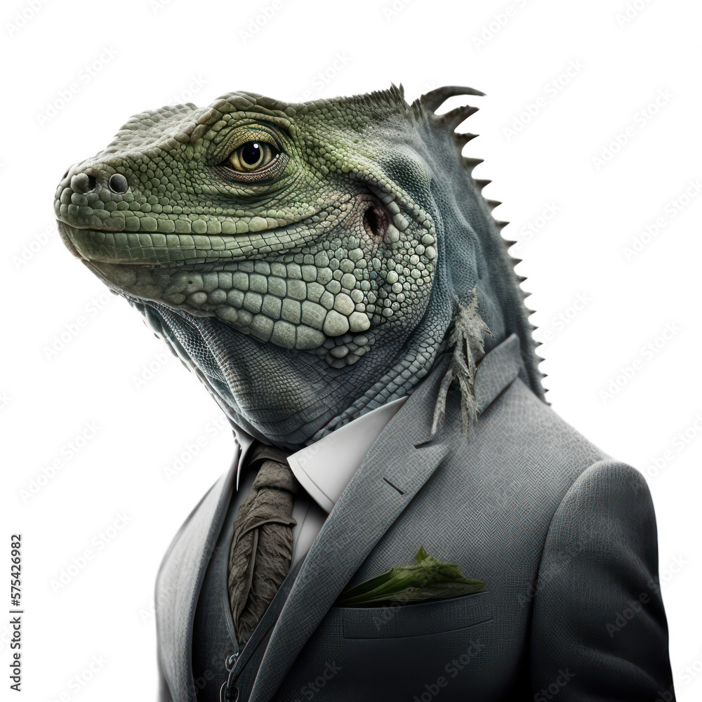 Portrait of a iguana dressed in a formal business suit on white background, transparent png, generative ai Portrait of a iguana dressed in a formal business suit on white background, transparent png, generative ai
