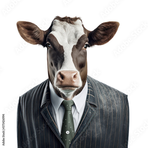 Portrait of a cow dressed in a formal business suit on white background, transparent png, generative ai