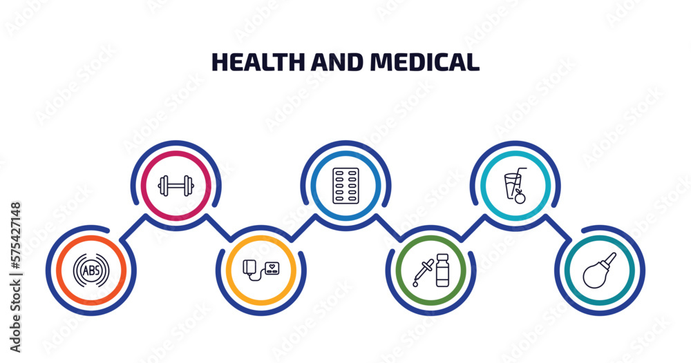 health and medical infographic element with outline icons and 7 step or option. health and medical icons such as dumbbell, medical strip, orange juice, abs, blood pressure gauge, serum, enema