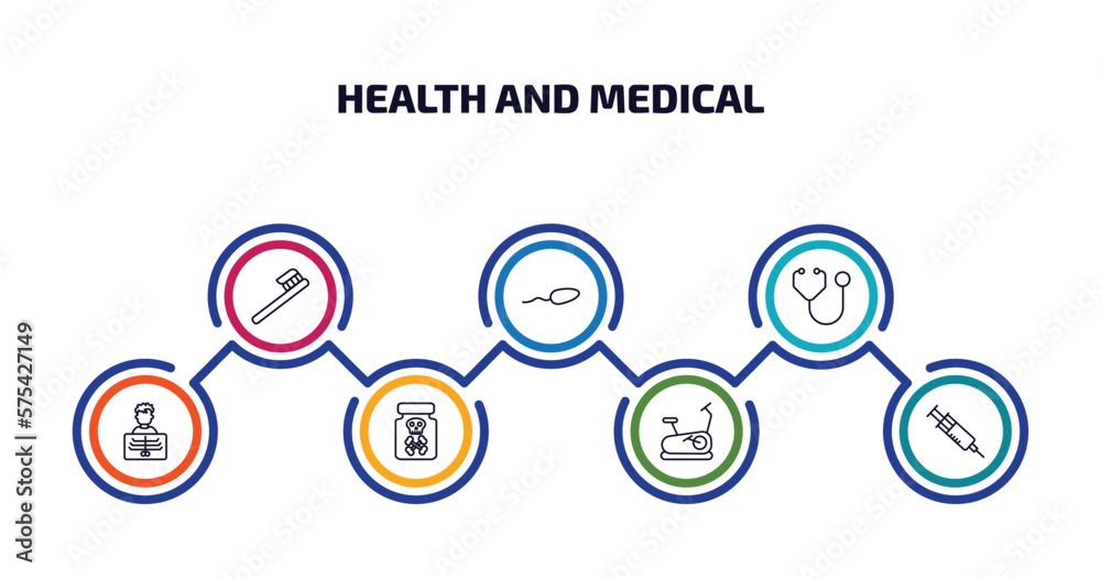 health and medical infographic element with outline icons and 7 step or option. health and medical icons such as tooth brush, spermatozoon, stethoscope, x ray, poisonous, stationary bike, injection