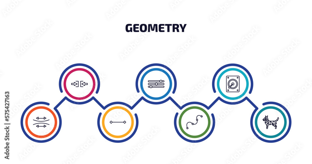 geometry infographic element with outline icons and 7 step or option. geometry icons such as constraint, adjust, disk, stretch, line, spline, polygonal dog vector. geometry infographic element with outline icons and 7 step or option. geometry icons such as constraint, adjust, disk, stretch, line, spline, polygonal dog vector.