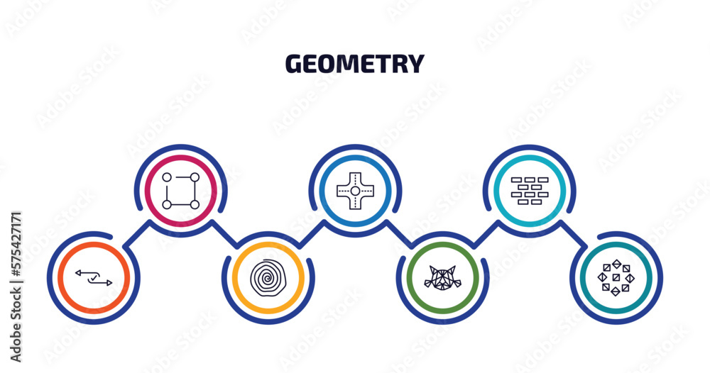 geometry infographic element with outline icons and 7 step or option. geometry icons such as ungroup, intersection, construction, flow, spiral, polygonal cat, polygonal ornament vector.