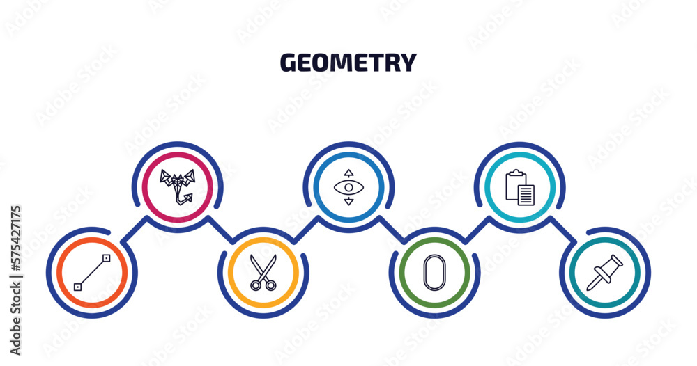 geometry infographic element with outline icons and 7 step or option. geometry icons such as polygonal scorpion, perspective, paste clipboard, lengthen, cut, oval, push pin vector.