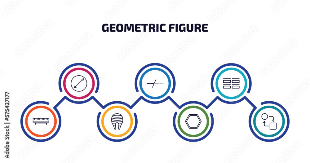 geometric figure infographic element with outline icons and 7 step or option. geometric figure icons such as diameter, trim, array, measure, fillet, octagon, transform vector. geometric figure infographic element with outline icons and 7 step or option. geometric figure icons such as diameter, trim, array, measure, fillet, octagon, transform vector.