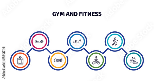 gym and fitness infographic element with outline icons and 7 step or option. gym and fitness icons such as fitness belt, simulator for press, stretching leg exercise, weighing scale, resistance,