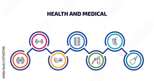 health and medical infographic element with outline icons and 7 step or option. health and medical icons such as dumbbell, medical strip, orange juice, abs, blood pressure gauge, serum, enema