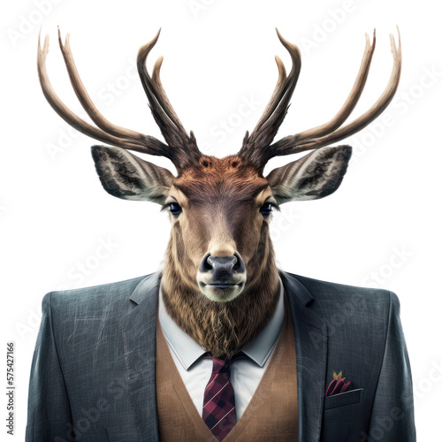 Portrait of a deer dressed in a formal business suit on white background, transparent png, generative ai © Rawf8
