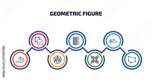 geometric figure infographic element with outline icons and 7 step or option. geometric figure icons such as select all, left alignment, off, undo, metatron cube, polygonal windmill, polygon vector.