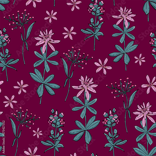forest herbs, twigs seamless pattern. Wildflowers, summer background, hand drawn ink drawing