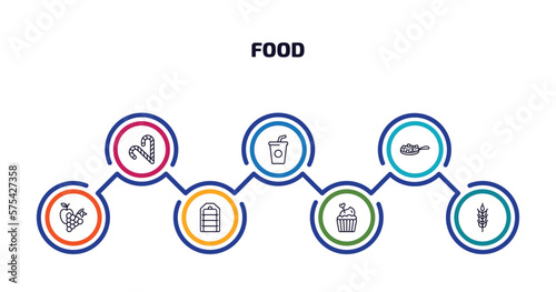 food infographic element with outline icons and 7 step or option. food icons such as christmas candy sticks, drinking, buddhas delight, and grapes, tiffin, romantic muffin, ear of wheat vector.