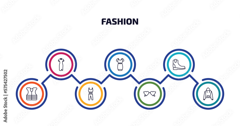 fashion infographic element with outline icons and 7 step or option. fashion icons such as cheongsam, dress with belt, boot for women, safety shirt, gym clothes, heart eyeglasses, sweater with