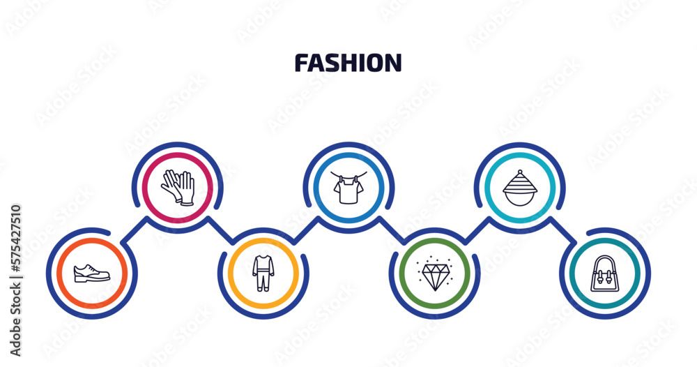 fashion infographic element with outline icons and 7 step or option. fashion icons such as pair of gloves, drying, samurai japanese hat, men shoe, working coverall, diamond precious stone, handbag fashion infographic element with outline icons and 7 step or option. fashion icons such as pair of gloves, drying, samurai japanese hat, men shoe, working coverall, diamond precious stone, handbag