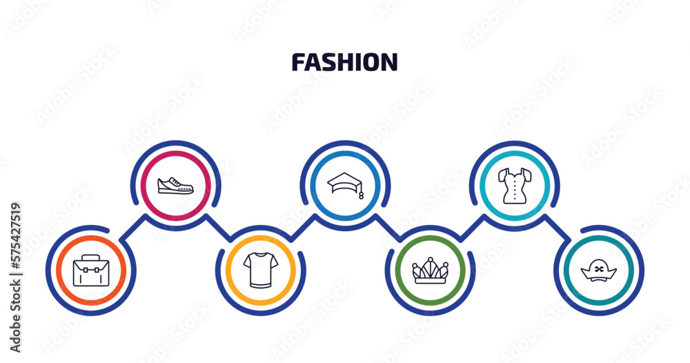 fashion infographic element with outline icons and 7 step or option. fashion icons such as gym shoes, college graduation cap, blouse with buttons, closed briefcase, white t shirt, monarchy, pirate fashion infographic element with outline icons and 7 step or option. fashion icons such as gym shoes, college graduation cap, blouse with buttons, closed briefcase, white t shirt, monarchy, pirate