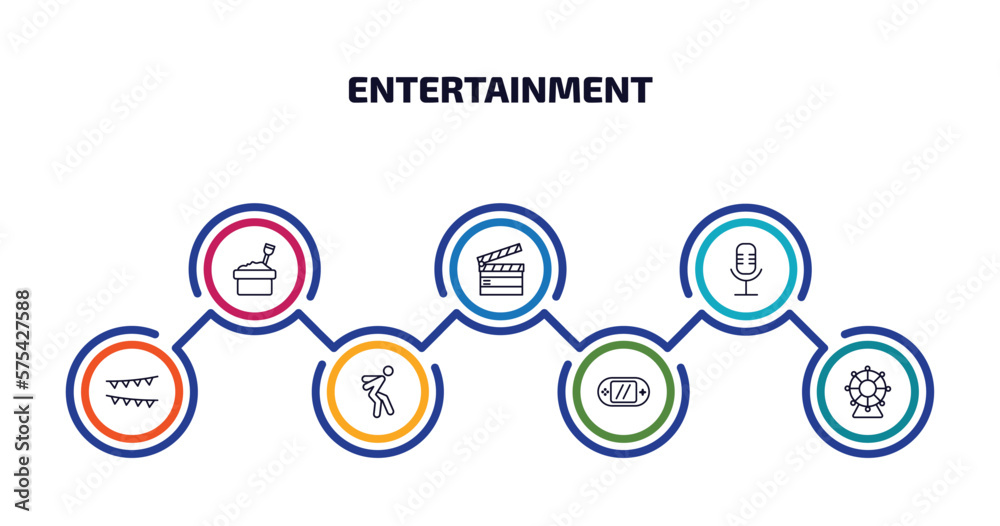 entertainment infographic element with outline icons and 7 step or option. entertainment icons such as sandbox, clapboard, voice acting, festival, jump, video console, spinning wheel vector.