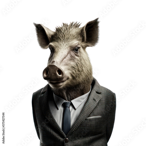 Portrait of a boar dressed in a formal business suit on white background, transparent png, generative ai
