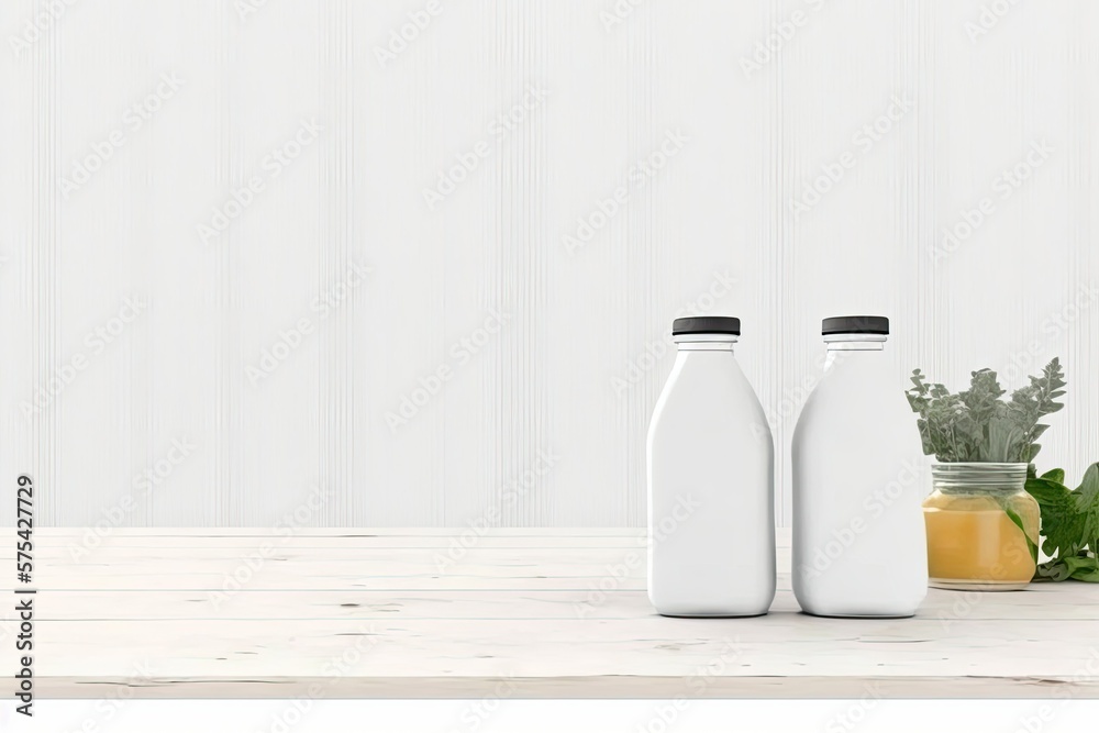 Free copy space on white kitchen background, no humans, two empty bottles with detox smoothie on wooden table. Generative AI Free copy space on white kitchen background, no humans, two empty bottles with detox smoothie on wooden table. Generative AI