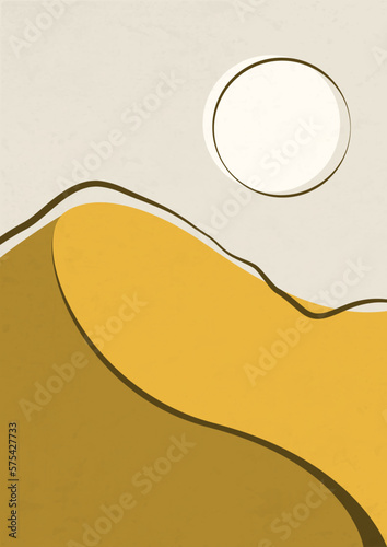 Minimalistic desert landscape, sunny dunes illustration. Earth tones, beige colors. Boho wall decor.