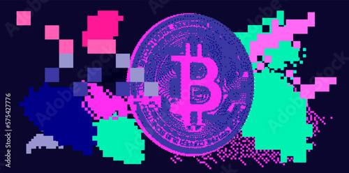 Pixel art of a 3D bitcoin currency on a glitched background background.