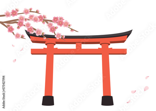 Fotografiet 桜の花と神社の鳥居のイラスト