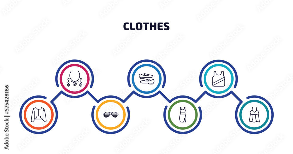 clothes infographic element with outline icons and 7 step or option. clothes icons such as jewelry, loafer, jersey blazer, nylon jacket, shutter sunglasses, drees, draped top vector.
