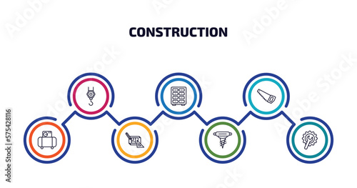 construction infographic element with outline icons and 7 step or option. construction icons such as pulley hook, big clo, big saw, air compressor, construction plan, pickaxes drilling, wrench and