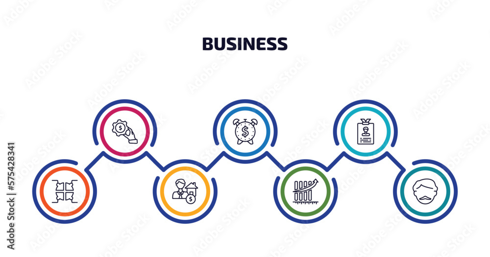 business infographic element with outline icons and 7 step or option. business icons such as hand with money gear, dollar on business time, identity card, infographic elements, mortgage and man,