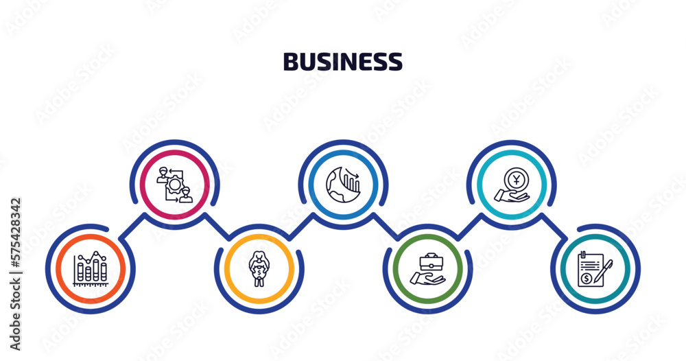 business infographic element with outline icons and 7 step or option. business icons such as rearrange, globe analytics, yen coin on hands, column chart, woman holding big coin, value pointer,