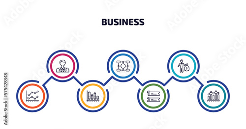 business infographic element with outline icons and 7 step or option. business icons such as man with solutions, item interconnections, man carrying money, line chart statistics, bars graphic,